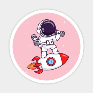 Cute Astronaut Lifting Dumbbell On Rocket Cartoon Magnet